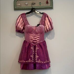 Dolls Kill Pink and Purple Puff Sleeve Mini Dress with Lace-Up Corset